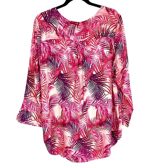 Palm Print Blouse Size 1X by Dear Grace Pink Purple Tropical 3/4 Sleeves VGUC - Picture 2 of 11